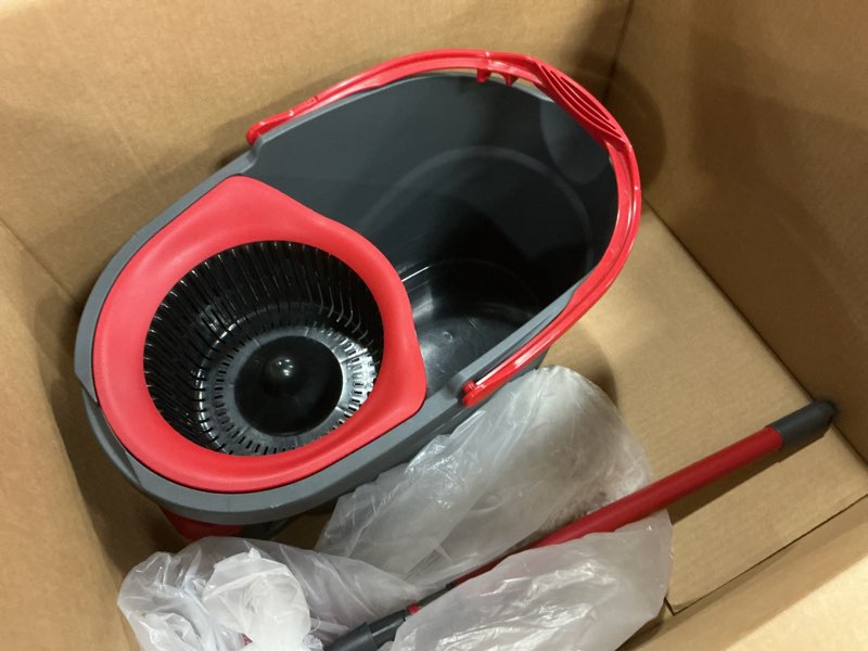Condition photo showing As Is for o-cedar easywring microfiber spin mop, bucket floor cleaning system, red, gray, standard