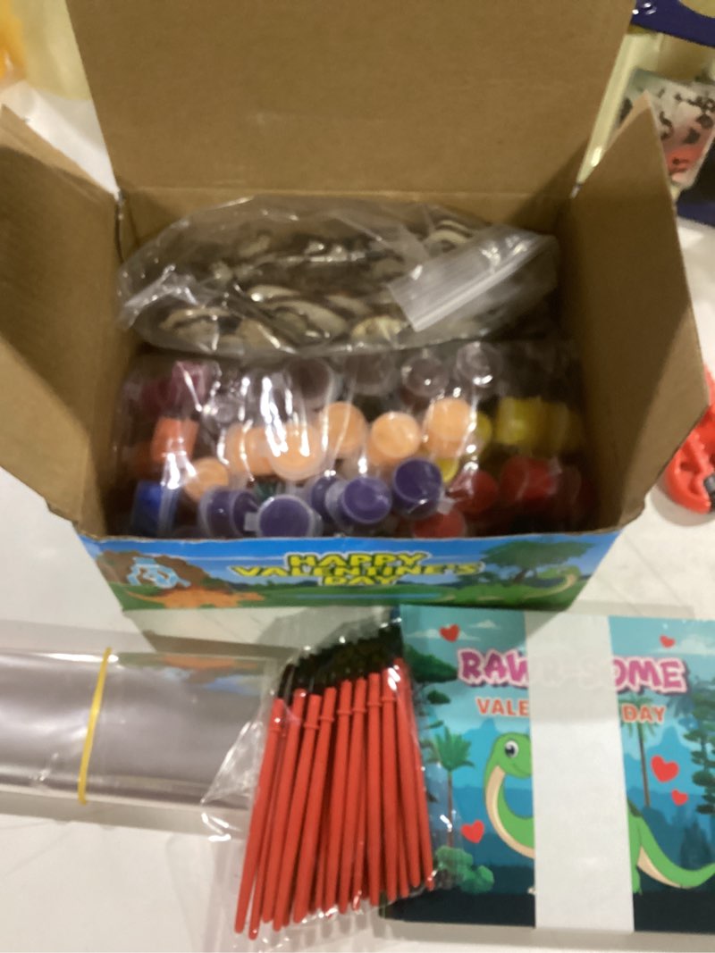 Condition photo showing Good Condition for 24 Pack Valentines Day Cards for Kids School Classroom with Dinosaur Wood Paint Crafts Set, Valentines Day Gifts for Kids Classroom Exchange Valentines Party Favors & Prizes Gifts for Boys Girls