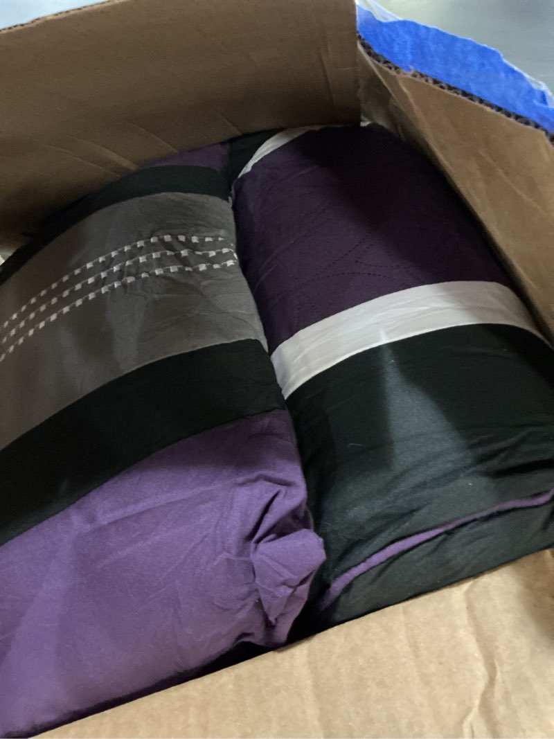 Condition photo showing As Is for chezmoi collection upland 7-piece quilted patchwork comforter set, purple/black/gray, queen queen purple/black/gray