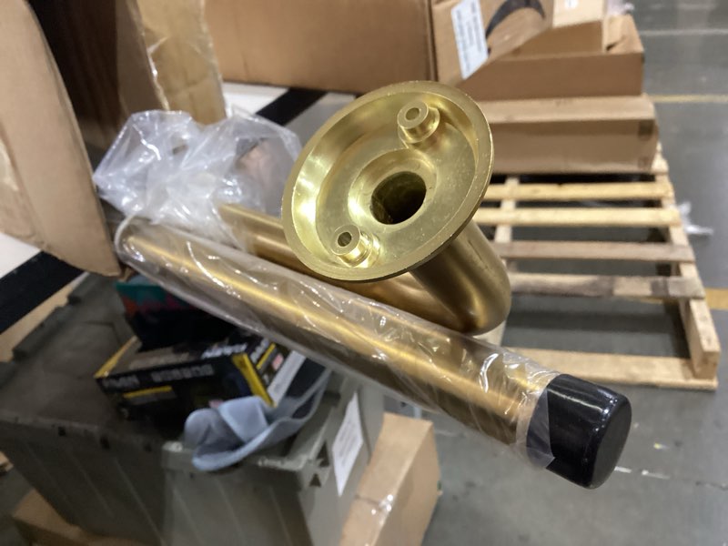 Condition photo showing Good Condition for 1 1/8 inch diameter room darkening curtain rods 48-84”, heavy duty window wrap around drapery rod with aluminum bracket, all accessories, wall mounted ceiling mounted, adjustable length, brushed gold brushed gold 48-84\"