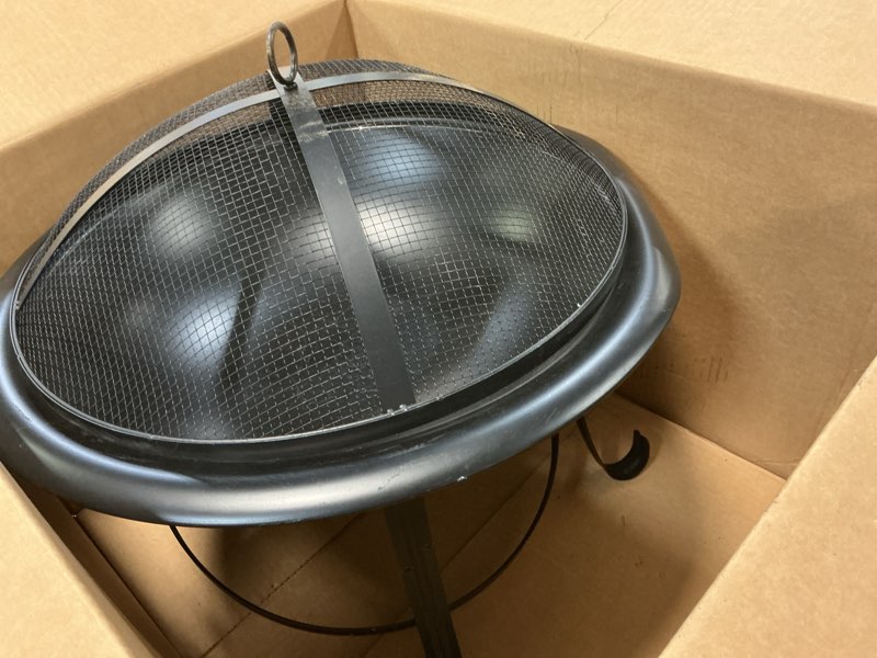 Condition photo showing As Is for gas one 22 in outdoor– wood burning fire pit with mesh lid and fire picker – durable alloy steel fire pits for outside – small fire pit for backyard, porch, deck, camping, bbq