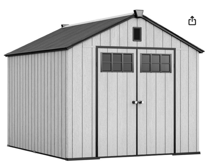 (incomplete)outdoor storage shed with floor, extra thick plastic garden shed for bikes, tools and pool supplies, outdoor resin shed with door window insert & vents for patio, lawn, backyard, gray