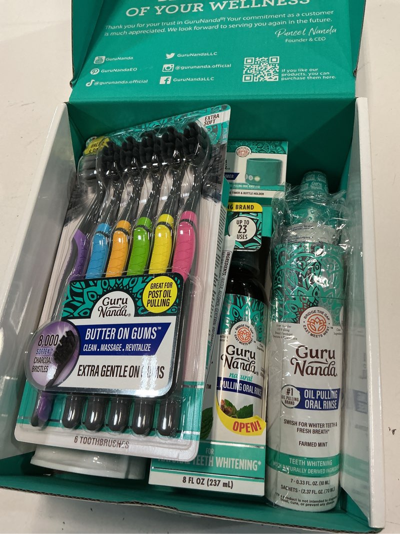 Condition photo showing New/Like New for (exp :07/2026 ) gurunanda total smile makeover kit charcoal with cocomint oil pulling, dual barrel whitening mouthwash, whitening strips & charcoal butter on gums toothbrushes 5.27 fl oz (pack of 5) charcoal