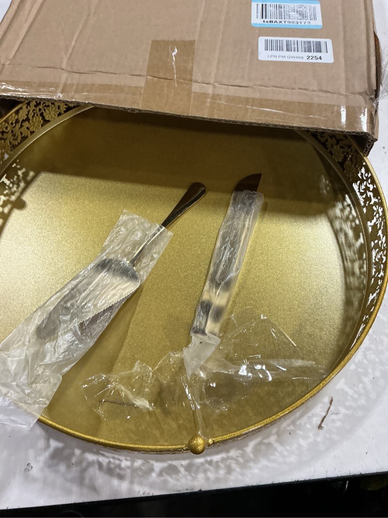Condition photo showing New/Like New for wenqik 16 inch gold cake stand set metal round cupcake dessert stand with cake cutting, spatula wedding cupcake pastry display candy holder display for wedding party birthday baby shower(flower) gold 16 inch flower