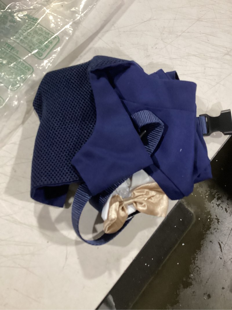 Condition photo showing Good Condition for averyday dog tuxedo with bow tie for wedding outfit, dog suit costume for christmas halloween valentine’s day, adjustable pet tux harness with leash ring, formal wear for small medium large dogs blue tux+champagne tie s (chest 17.3-22.8 in)
