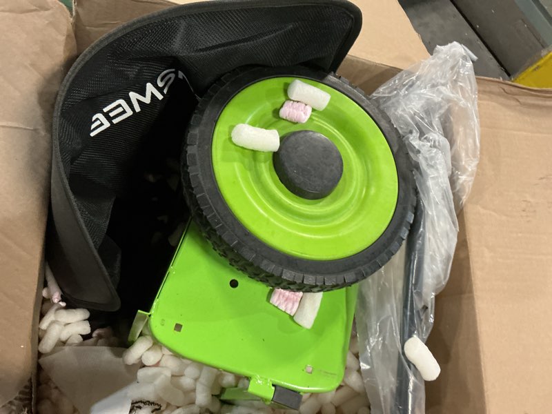 Condition photo showing As Is for greensweep pickup pro max walk behind push lawn sweeper