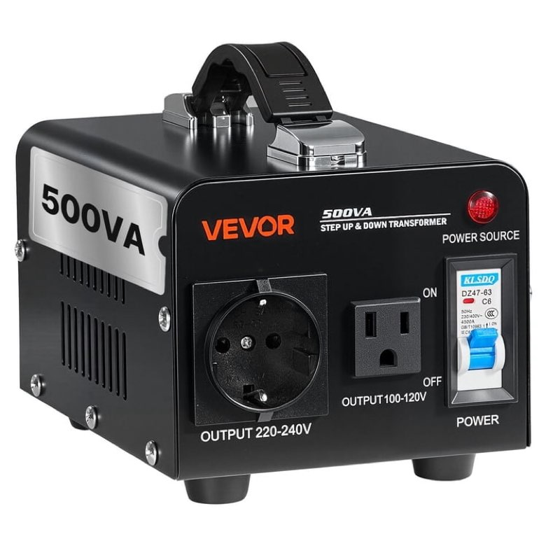 vevor voltage converter transformer, 1000w, heavy duty step up/down power transformer, convert from 110v to 220v and 220v to 110v, with us outlet, eu outlet, power cord, circuit breaker protection