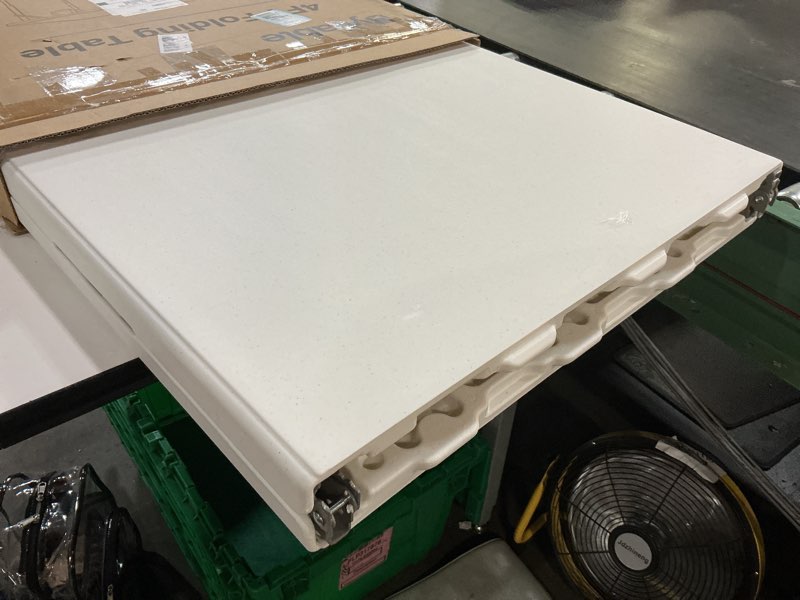 Condition photo showing New/Like New for byliable folding table 4 foot portable heavy duty plastic fold-in-half utility table small indoor outdoor adjustable height folding with carrying handle, camping and party,white | portable, heavy duty, fold-in-half, indoor outdoor, adjustable height, folding white 4ft