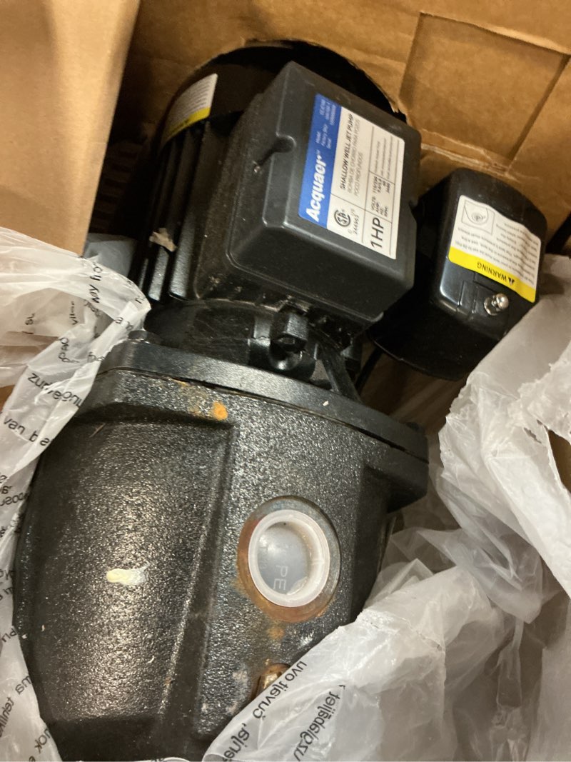 Condition photo showing As Is for acquaer shallow well jet pump,cast iron, well depth up to 25ft, 115v/230v dual voltage, automatic pressure switch black