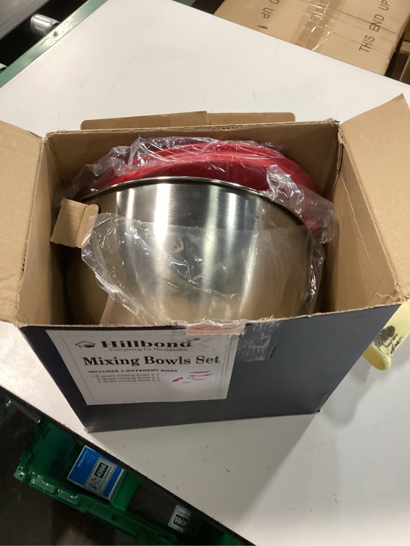 Condition photo showing item condition for Hillbond Mixing Bowls with BPA Free Airtight Lids Nesting Bowls with Pour Spout, Silicone Handle and Non-Slip Bottoms for Baking, Stainless Steel Mixing Bowls Dishwasher Safe, 1.5, 3, 5 QT (Red)