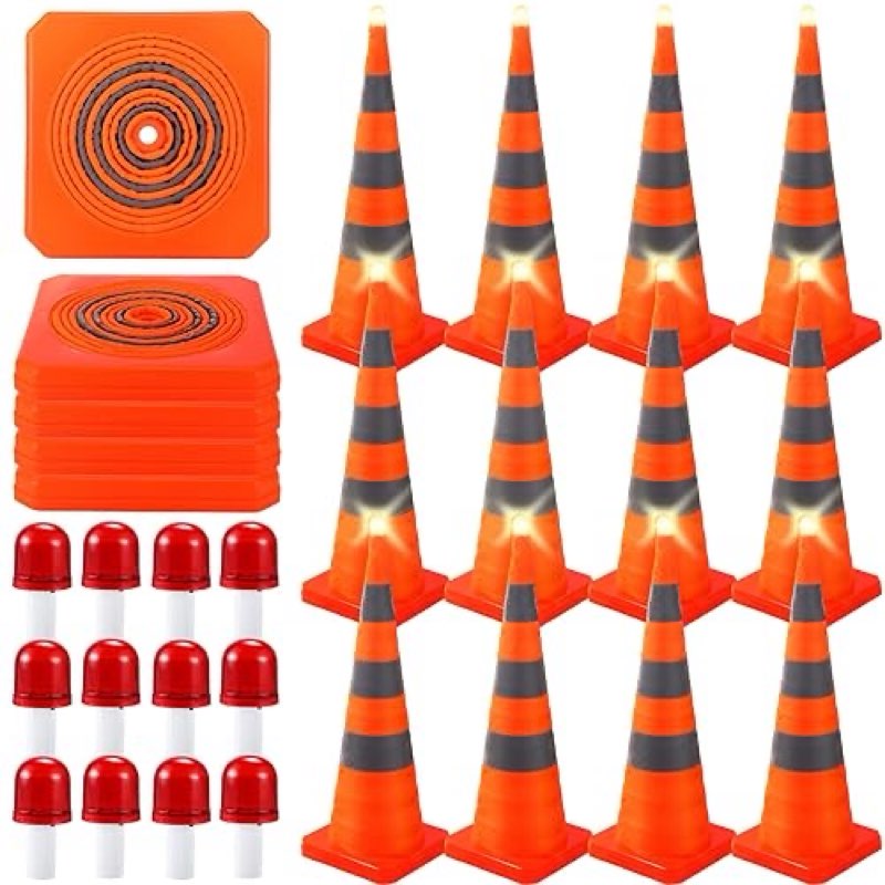 Paterr 12 Pack Collapsible Traffic Safety Cones with LED Light, Multi Purpose Orange Pop up Cones with Reflective Collar, Extendable Road Parking Cones for Sports Driving (36 Inch)