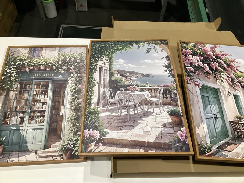 Condition photo showing Good Condition for Modern French Flower Street Framed Canvas Wall Art Set,Romantic Green Landscape Wall Decor,Vintage Mediterranean Bookstore Neutral Coast Cityscape Artwork for Living Room, Bedroom-16 x24 x3 Vintage City Landscape Wall Art 16"L x 24"W