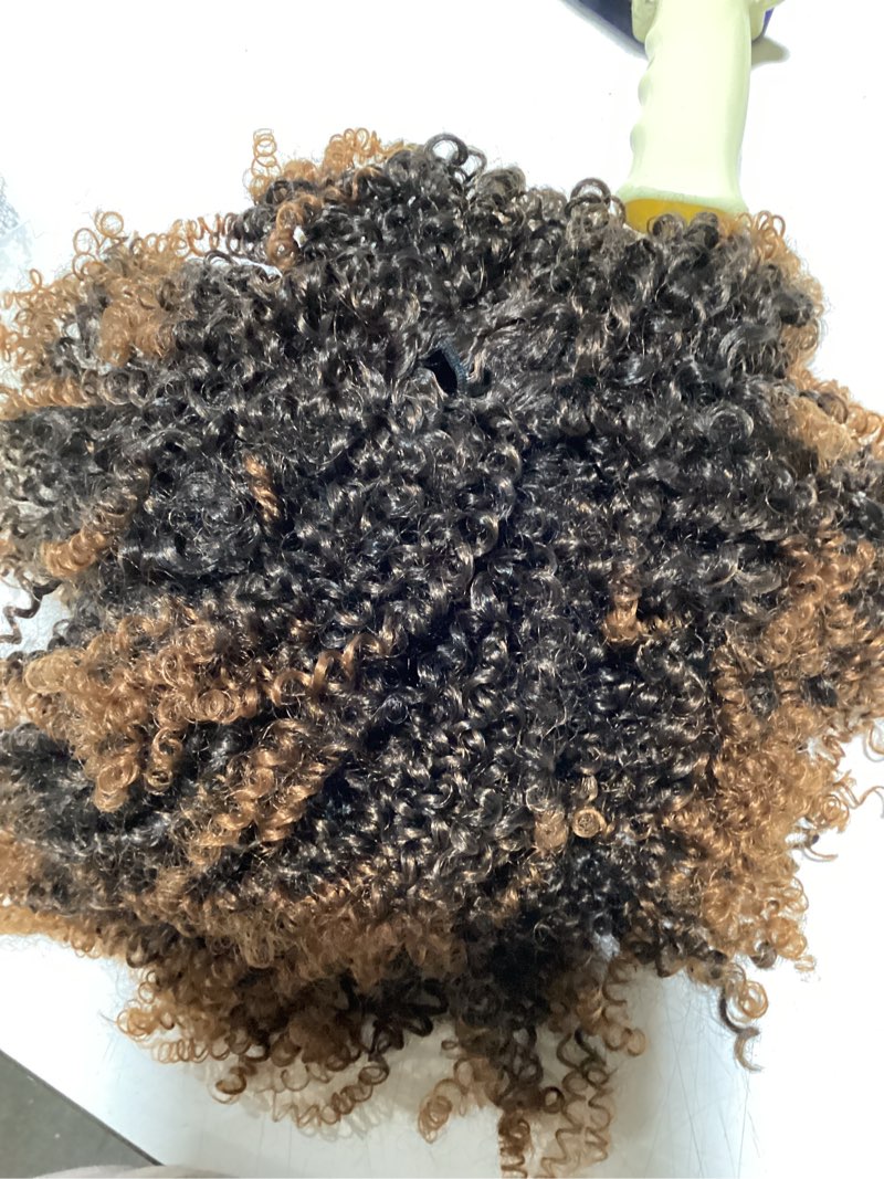 Condition photo showing Good Condition for miss fancy afro curly wigs with bangs for black women 10 inch ombre brown short kinky curly wig glueless synthetic afro bouncy full wigs for daily party #ombre brown
