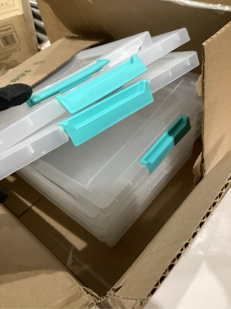 Condition photo showing Good Condition for IRIS USA 6 Qt. Storage Bins with Lids, 4-Pack, |Made in USA|, Small Plastic Craft Container Sensory Totes for Art Supplies, Paper, and Office, Stackable - Clear 6 Qt. - 4 Pack