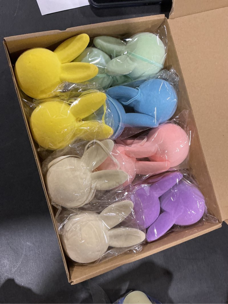 Condition photo showing New/Like New for 12 Pcs Easter Bunny Hangings, Pastel Flocked Easter Rabbit Ornaments, Decorative Spring Tree Ornaments Decoration for Home Office Party Gifts