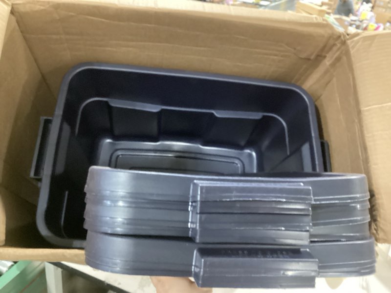 Condition photo showing Good Condition for rubbermaid roughneck tote 18 gal, 6 pack, made in usa, dark indigo metallic, rugged plastic stackable storage bins with lids and handles 18 gal - 6 pack
