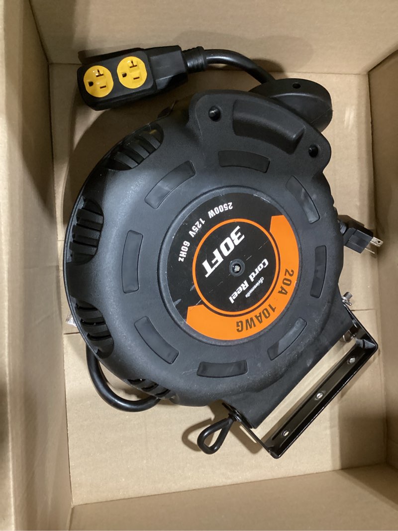 Condition photo showing Good Condition for vevor retractable extension cord reel, 45 ft, heavy duty 12awg/3c sjtow power cord, with lighted triple tap outlet, 15 amp circuit breaker, 180° swivel bracket for ceiling or wall mount 45 ft 12awg black & orange