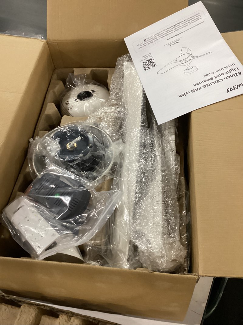 Condition photo showing New/Like New for TAVZAKE Ceiling Fans with Lights, 42 inch Low Profile Ceiling Fan with Light and Remote Control, Flush Mount, 3CCT, Dimmable, Quiet Reversible Motor, White Ceiling Fan for Bedroom Indoor/Outdoor Use 42 inch White