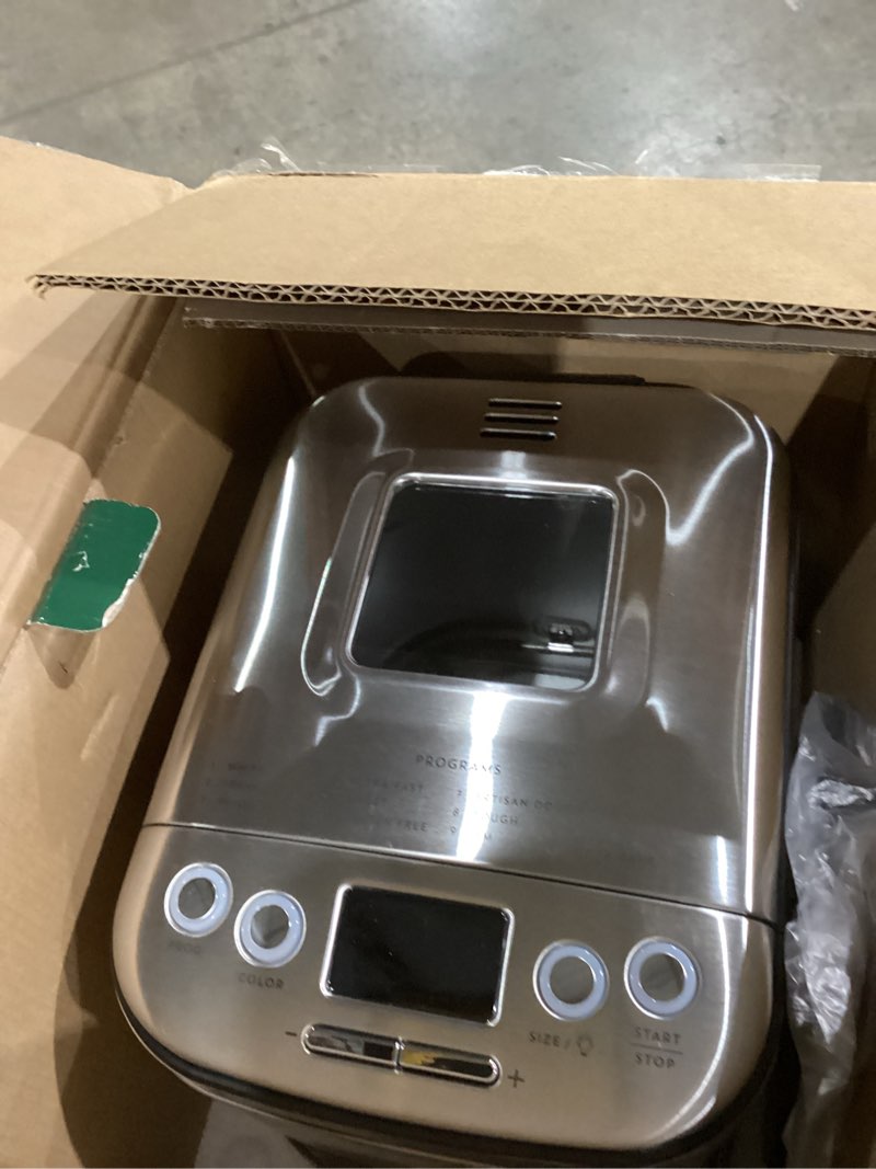Condition photo showing Good Condition for cuisinart bread maker machine, stainless steel automatic bread machine with 12 menu options, 3 loaf sizes up to 2 lb., 3 crust colors, removable nonstick baking pan & kneading paddle, cbk-110nas