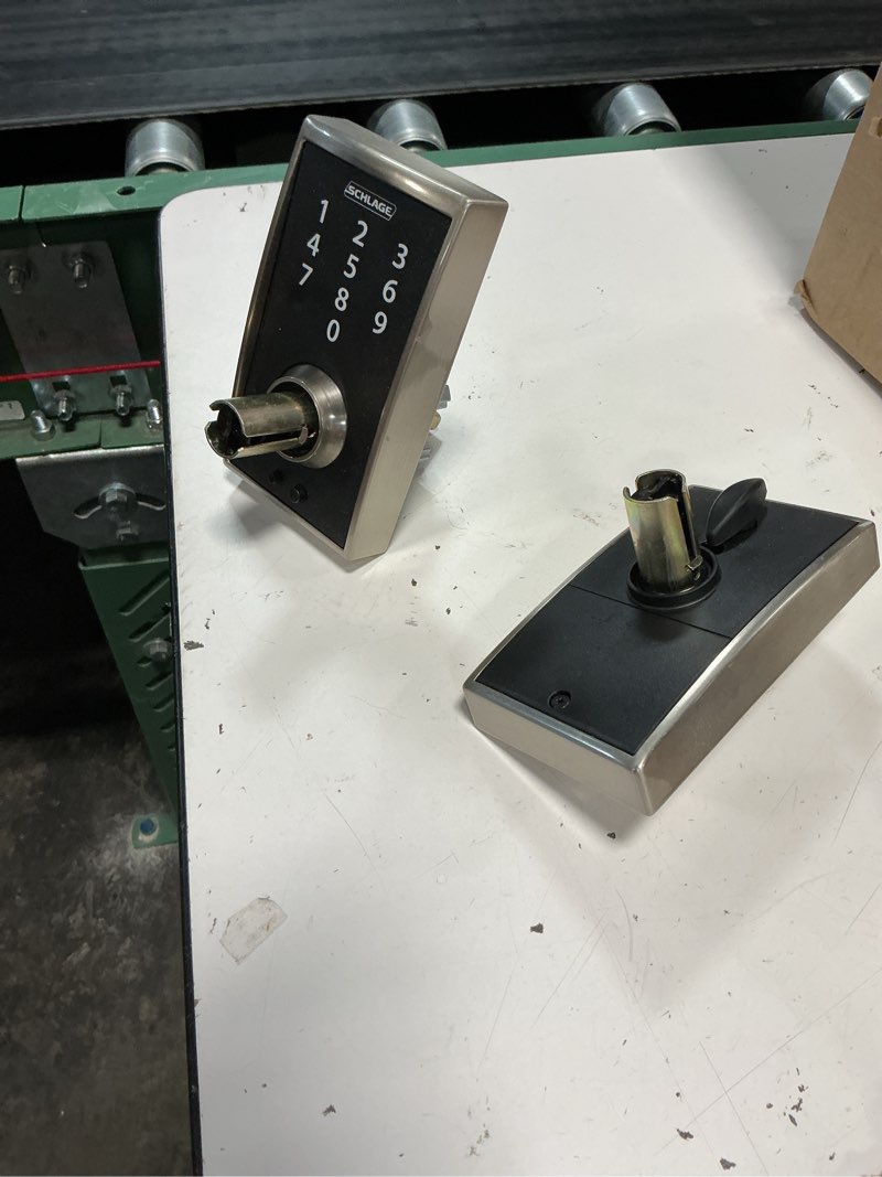 Condition photo showing As Is for century satin nickel touch keyless touchscreen door lock with latitude handle