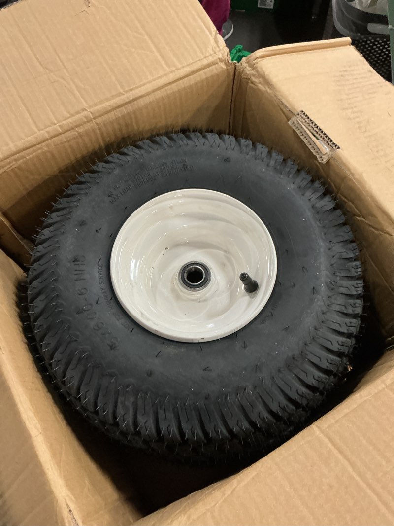 Condition photo showing New/Like New for ?upgraded?15x6.00-6" lawn mower tires with 3/4" iron bushing, 3" offset hub 4 ply heavy duty replacement for craftsman mower, garden lawn tractors 2-pack by cenipar white 15x6.00-6"