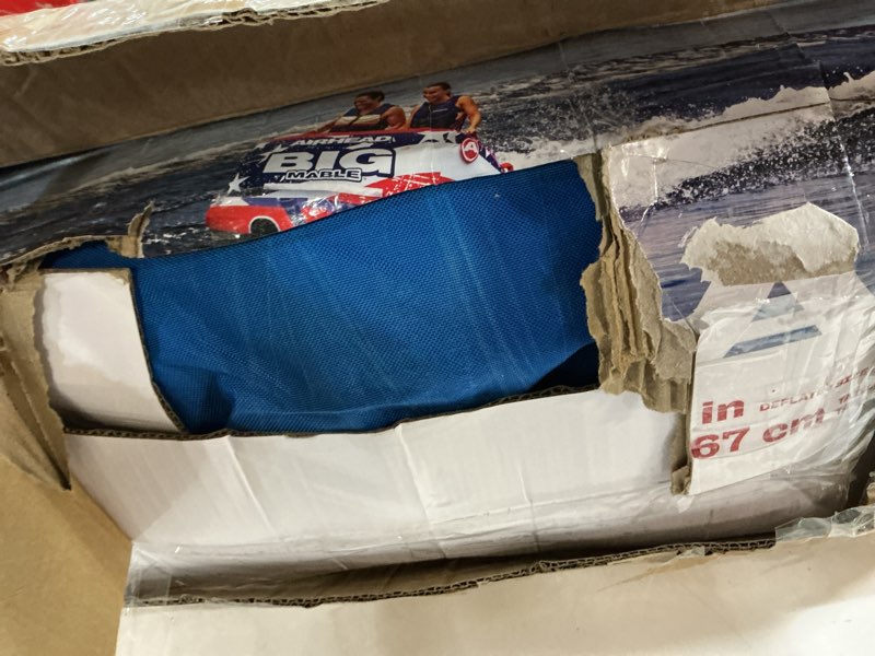 Condition photo showing As Is for airhead mable inflatable towable tube, 1-4 rider models, dual tow points, full nylon cover, eva foam pads, patented speed valve, boat tubes and towables 2 rider stars & stripes