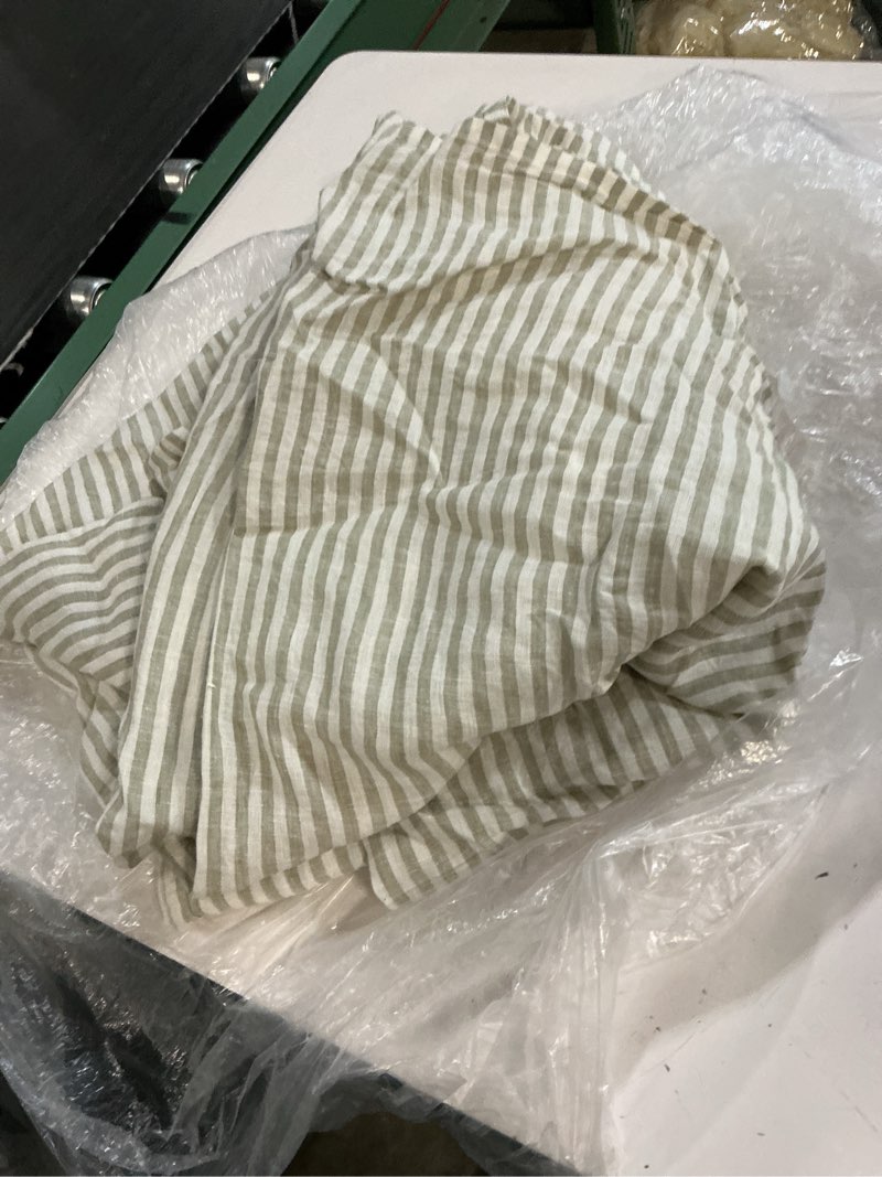 Condition photo showing As Is for ( incomplete ) quince uropean linen deluxe bedding bundle, king, willowleaf/white stripe