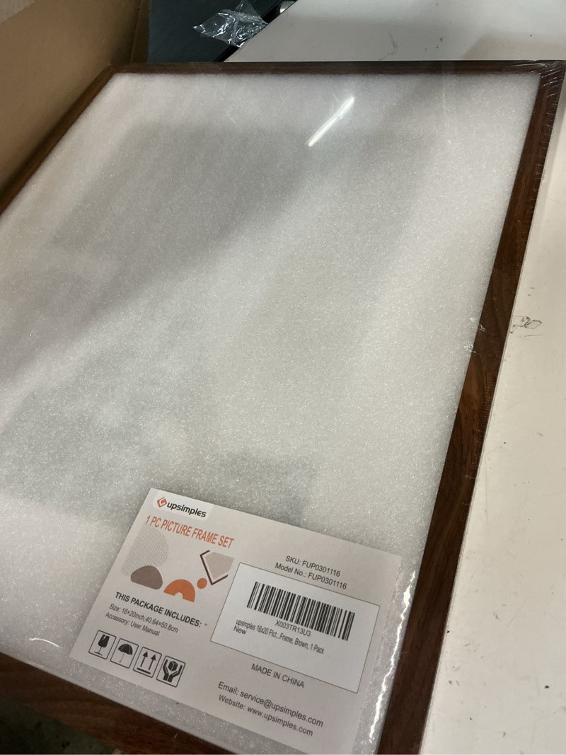 Condition photo showing New/Like New for upsimples 16x20 picture frame, display pictures 11x14 with mat or 16 x 20 without, wall hanging poster frame, brown, 1 pack brown 16x20
