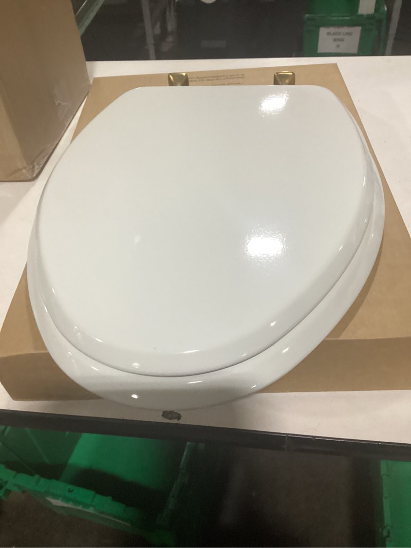 Condition photo showing Good Condition for Mayfair Bennett Toilet Seat with Brushed Gold Hinges, Slow Close Wood Seat, Secure Metal Hinges, Easy Install, Made in USA, Elongated, White Elongated Gold