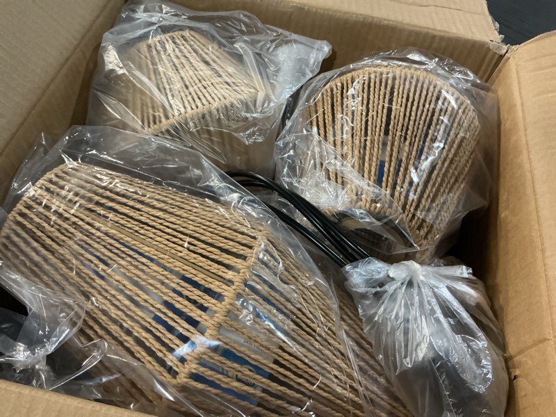 Condition photo showing Good Condition for 3-Light Rattan Pendant Light,Hand Woven Boho Chandelier,Wicker Pendant Light Fixture,Kitchen Dining Room Chandelier Over Table,Hanging Light for Living Room,Entryway,LED Bulbs Included A Style