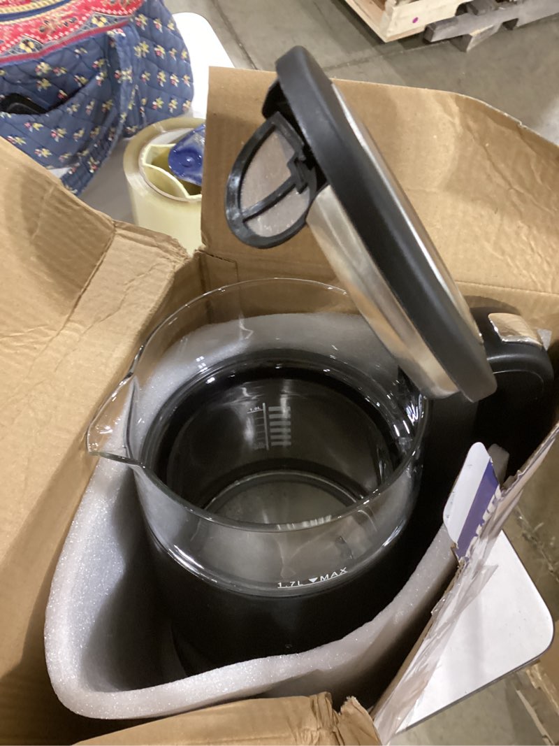 Condition photo showing As Is for elite gourmet 1.7l dual wall cool touch electric tea kettle, borosilicate glass, 304 stainless steel interior, programmed digital touchscreen, keep warm, auto off & audible indicator, black 1.8 quarts