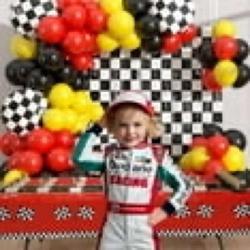 Race Car Balloon Garland Arch Kit with 2 Checkered Foil Fringe Curtains - Cars Wheels Balloons in 18