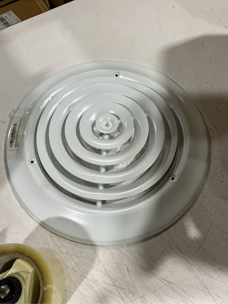 Condition photo showing Good Condition for hbw 10" round ceiling diffuser white powder coated with outside dimension of 14" fitting in 10" duct