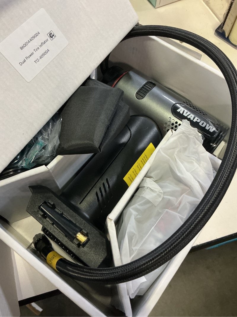Condition photo showing New/Like New for nexpow tire inflator portable air compressor, 160psi car tire pump, rechargeable battery powered 12v dc adapter, digital pressure gauge
