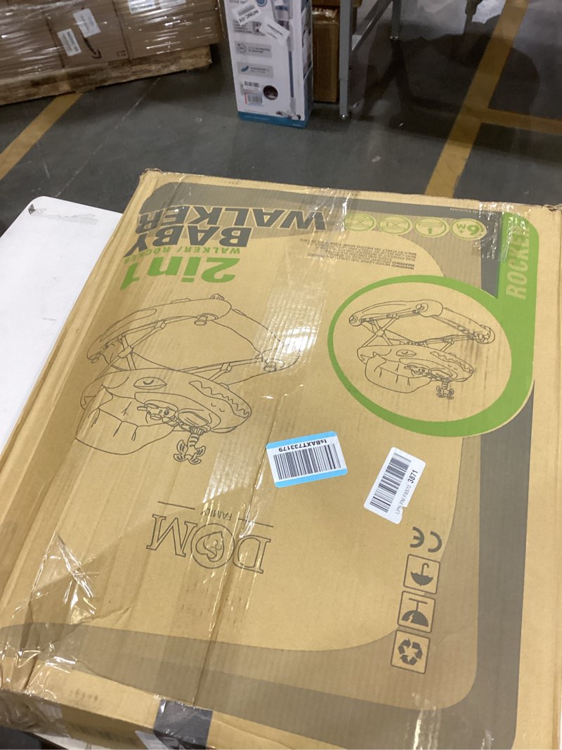 Condition photo showing As Is for Dream On Me Baby Steps Baby Walker in Blue and Green, Adjustable Three Position Height Setting, Removable Tray, Easy to Fold and Store Baby Walker Blue/Green