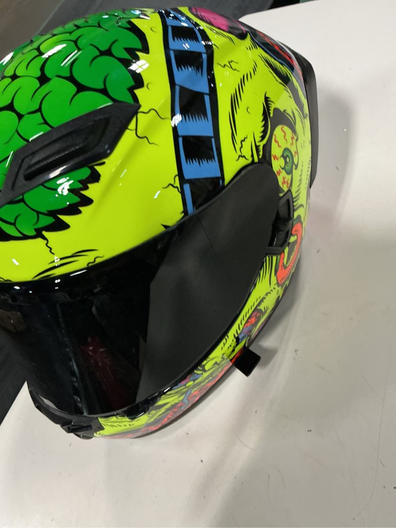 Condition photo showing As Is for full face motorcycle helmet, dot approved, abs shell, graffiti & handprint art graphic design, for men women and youth s