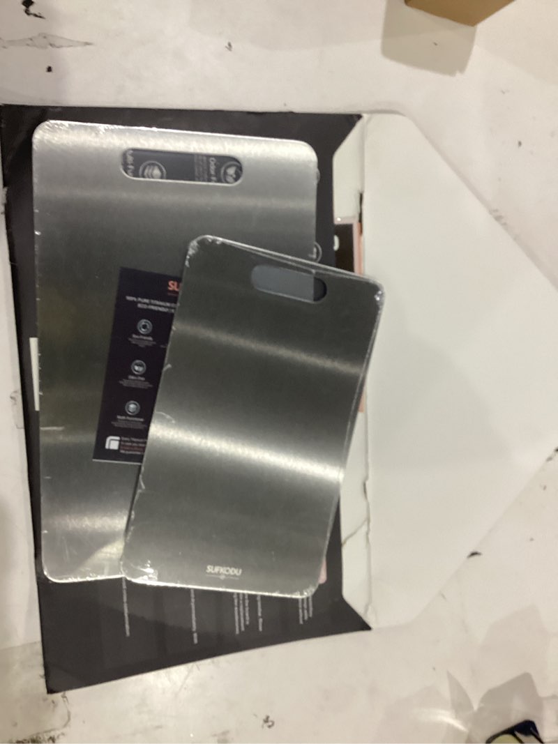 Condition photo showing As Is for Titanium Cutting Board Set of 3, Titanium Cutting Boards for Kitchen, 100% Double-Sided Titanium Cutting Boards, Separate Raw and Cooked Food Areas, Non-Toxic, Dishwasher Safe (S+ M + L) Sliver 16"L x 10"W(S+M+L)