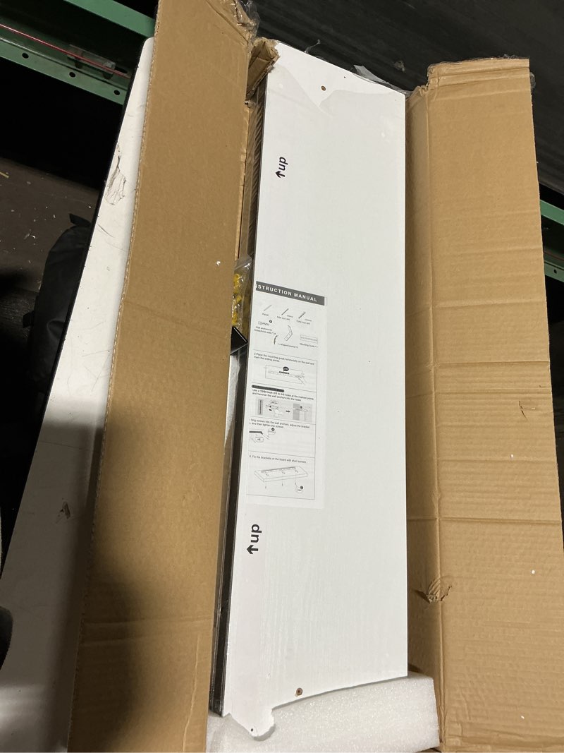 Condition photo showing Good Condition for BAYKA Floating Shelves for Wall, 36 inches Long Wall Mounted Rustic Wood Shelves for Bathroom, Bedroom, Living Room, Kitchen, Office, Hanging Shelf for Books/Storage/Decor(White,Set of 2) C. White - Modern Minimalist Style 36inches?for Media Center & Heavy Books?