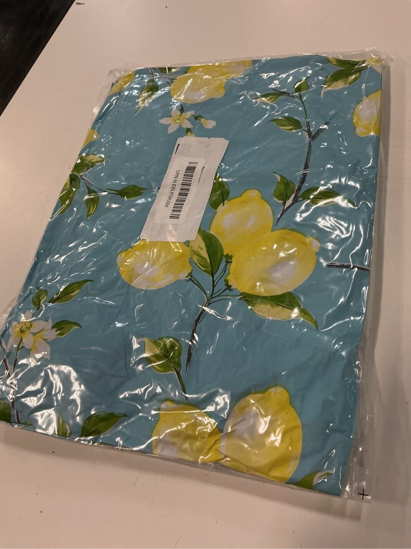 Condition photo showing New/Like New for smiry round picnic tablecloth, waterproof elastic fitted table covers for 57" - 68" tables, wipeable flannel backed vinyl tablecloths for camping, indoor, outdoor, blue & yellow for up to 57"-68" round blue & yellow