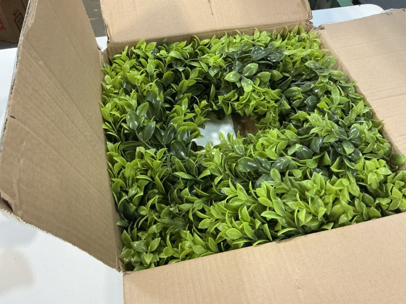 Condition photo showing Good Condition for 22 inch artificial boxwood wreaths for front door, summer door wreath with sash, spring green wreath weatherproof for wall window porch farmhouse wedding decor all year round indoor outdoor