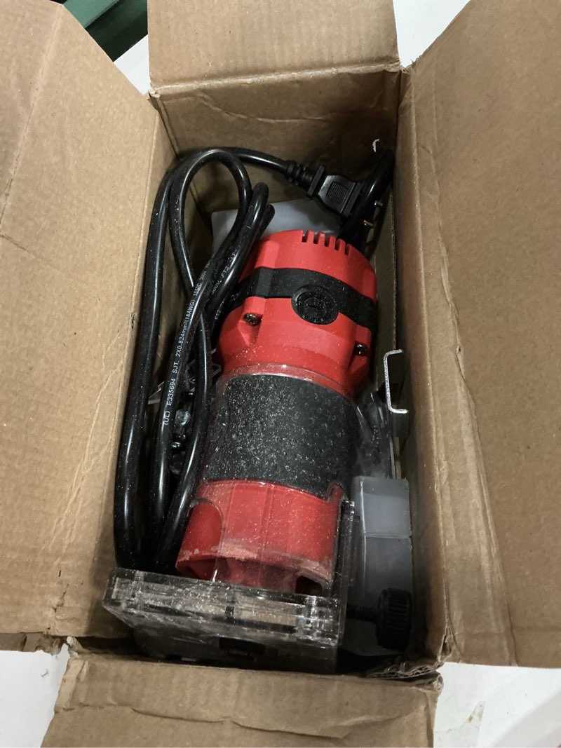 Condition photo showing As Is for compact palm router tool, 800w hand wood trimmer router with 12pcs 1/4" bits set for woodworking