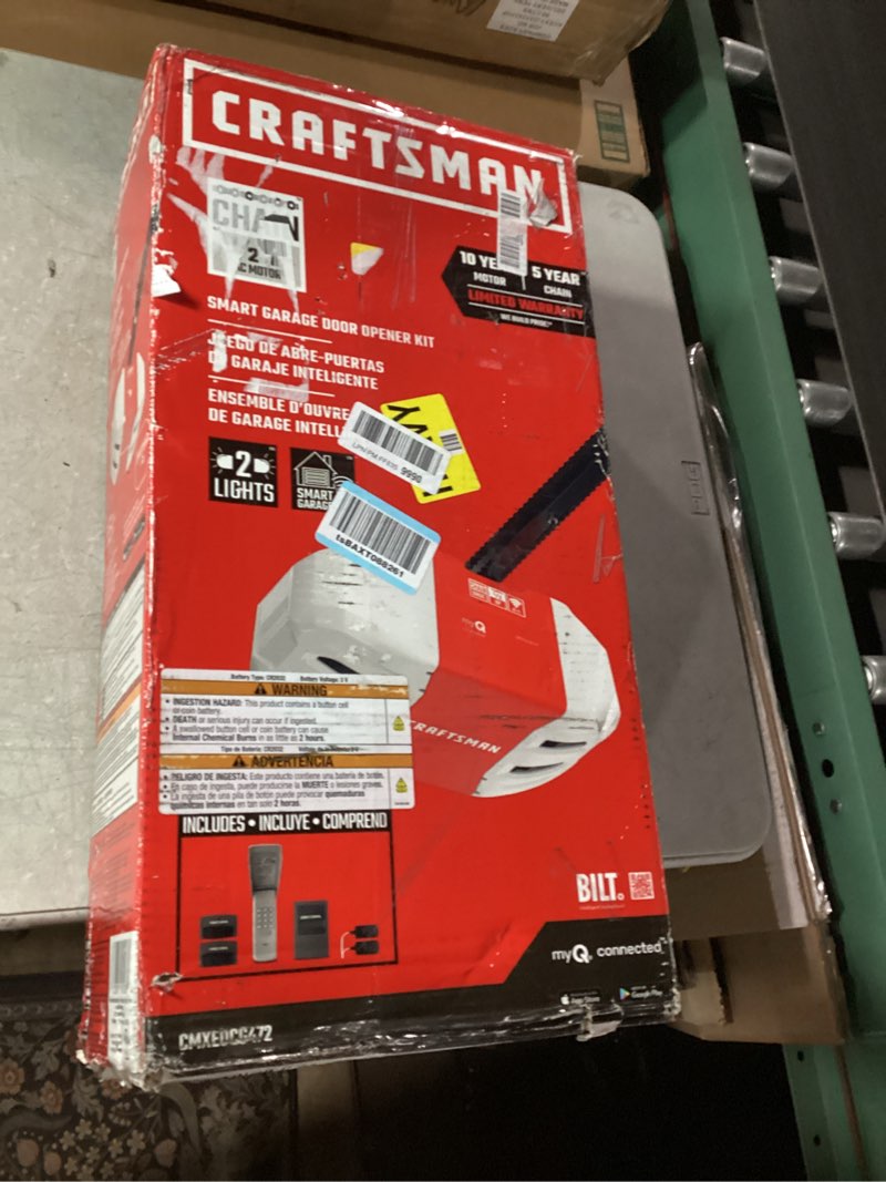 Condition photo showing New/Like New for CRAFTSMAN 1/2 HP Smart Garage Door Opener - myQ Smartphone Controlled - Chain Drive, Wireless Keypad Included, Model CMXEOCG472, Red CMXEOCG472 Garage Door Opener
