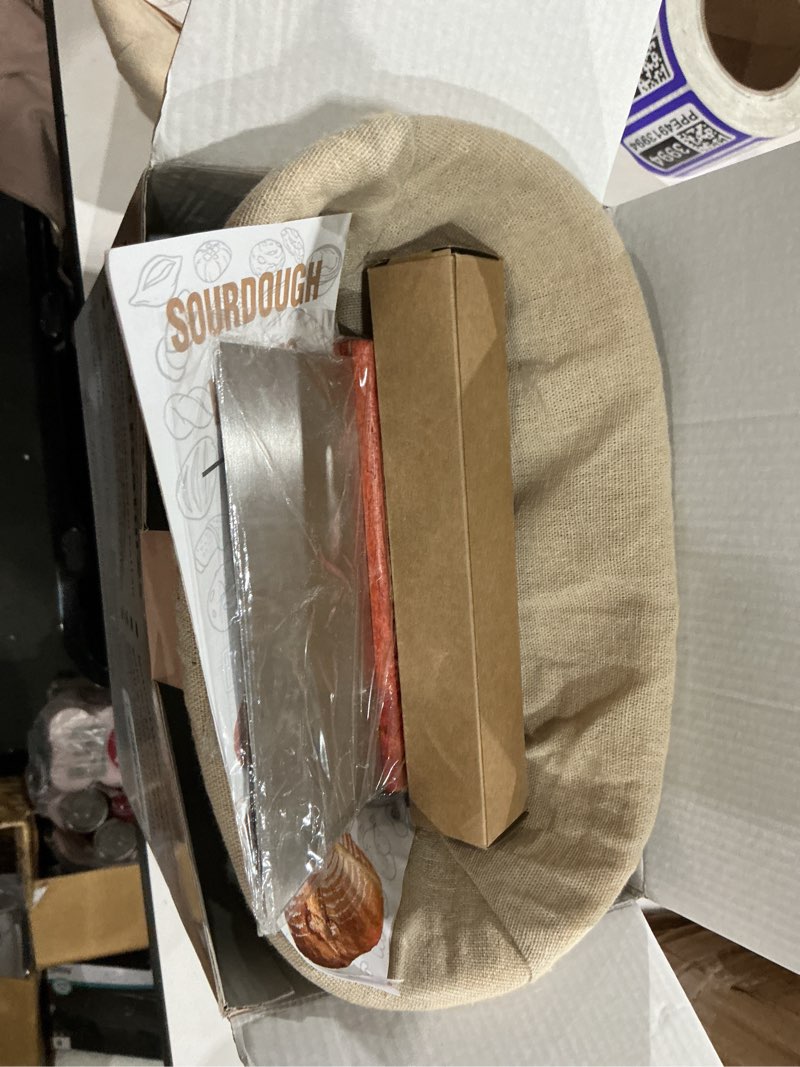 Condition photo showing Good Condition for sourdough proofing basket gift set, 9" round and 10" oval banneton bread baking supplies, sourdough baskets with bread lame, danish whish, bowl scraper, sourdough scraper, and linen liner 9-piece kit