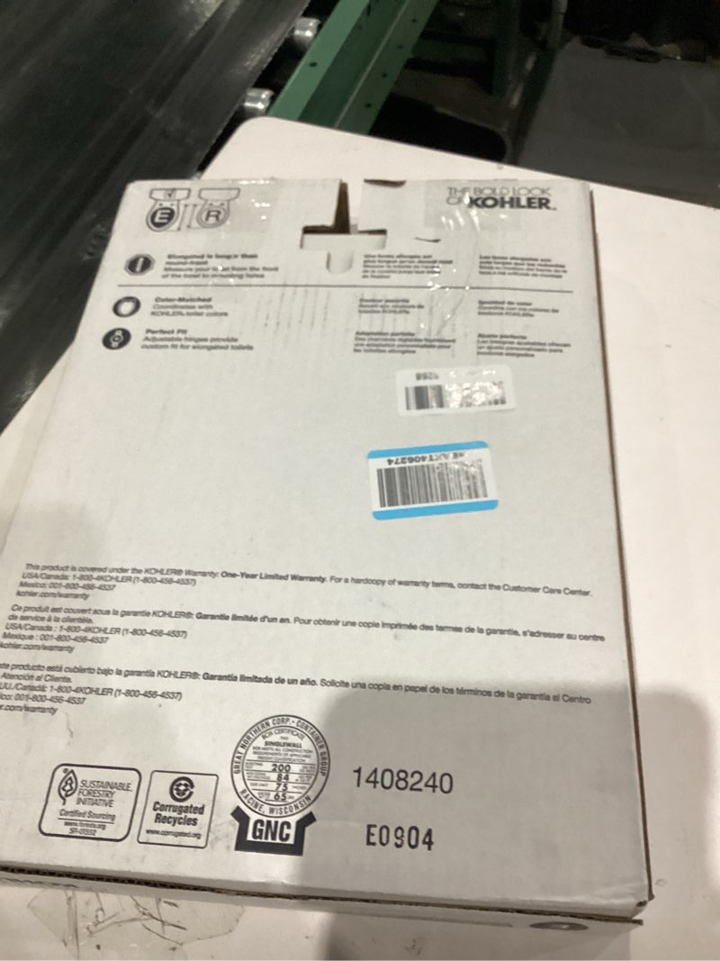 Condition photo showing As Is for kohler 4636-rl-0 cachet readylatch elongated toilet seat slow close, soft close toilet seat quiet lid, contoured grip-tight bumpers installation hardware, apartment essentials, white white elongated ready latch
