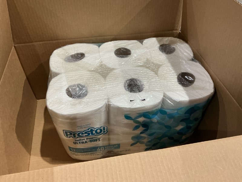 Condition photo showing New/Like New for amazon brand - presto! 2-ply ultra-soft toilet paper, 12 family mega rolls = 60 regular rolls, unscented, 313 sheets per roll 313 sheet (pack of 12)