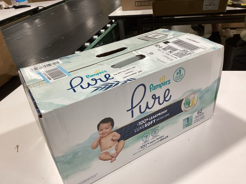 Condition photo showing New/Like New for pampers pure protection baby diapers, size 1 (8-14 lbs), 82 count, up to 100% leakproof, premium plant-based skin protection, hypoallergenic soft diapers size 1 82