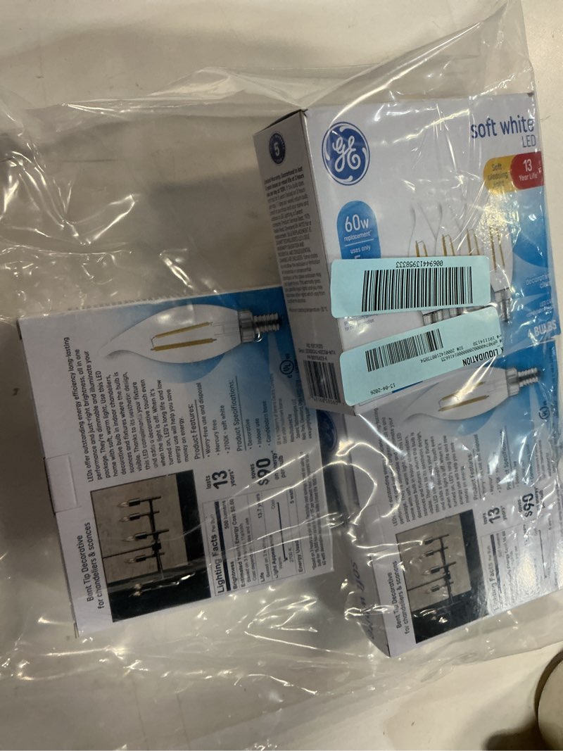 Condition photo showing New/Like New for ge led light bulbs  60 watt  soft white  ca11 bulbs  small base  13yr  4pk ( 3 pack)
