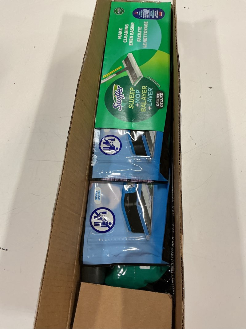 Condition photo showing Good Condition for Swiffer Sweep & Mop Deluxe 2-in-1 Floor Mopping and Sweeping Kit, Multi-Surface Kit for Floor Cleaning, Includes 1 Sweeper Device, 5 Heavy Duty Dry Sweeping Cloths, 6 Heavy Duty Wet Mopping Cloths Deluxe Starter Kit