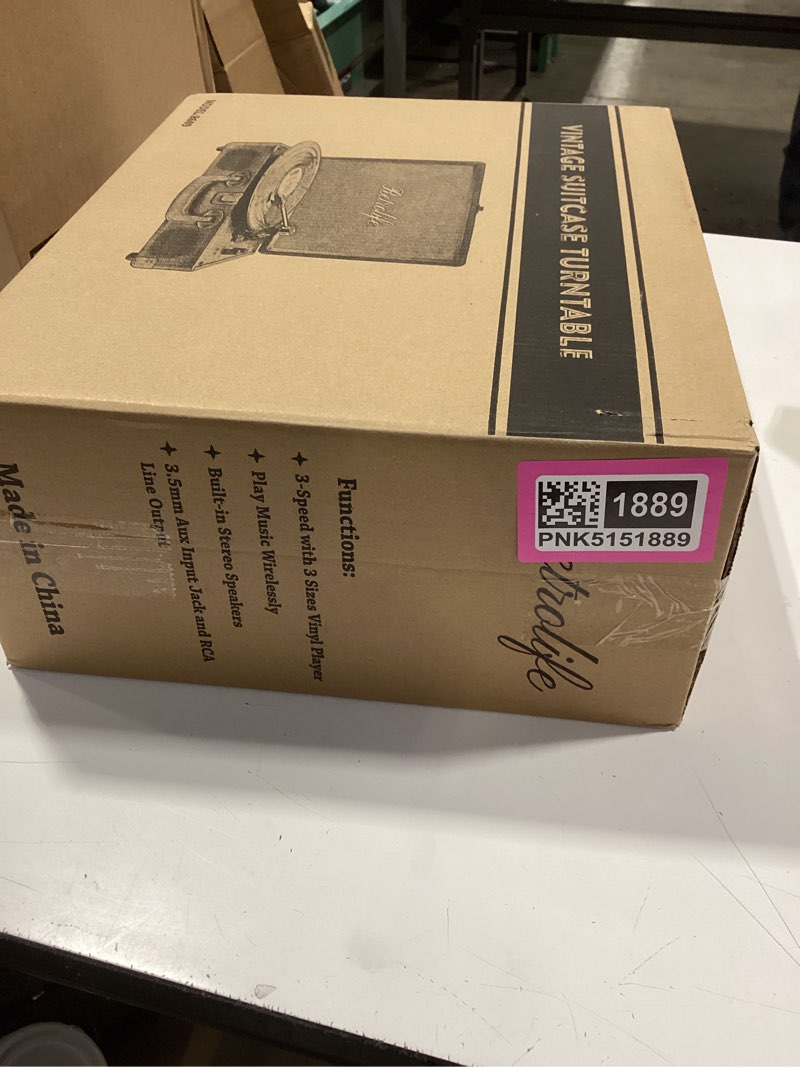 Condition photo showing New/Like New for vinyl record player 3-speed bluetooth suitcase portable belt-driven record player with built-in speakers rca line out aux in headphone jack vintage turntable black