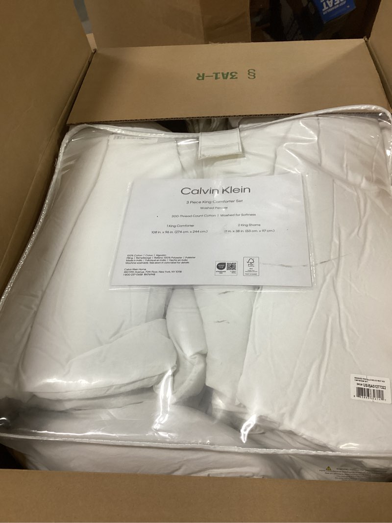 Condition photo showing As Is for Calvin Klein - King Comforter Set, Modern Cotton Washed Percale Bedding with Matching Shams, Oeko-Tex Certified (Washed Percale White, King) King Washed Percale White